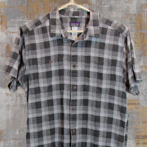 Patagonia Mens Shirt Checked Grey Plaid Button Down Organic Cotton Hemp Sz Med - Picture 1 of 8